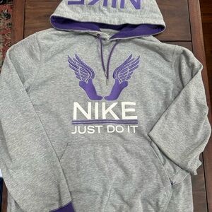 Nike Just Do It Spellout Hoodie XL Grey Purple Winged Feet VTG Y2K 455654-063